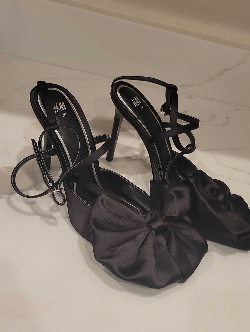 H&M Black Satin Bow High-Heel Sandals